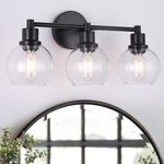 Bathroom Vanity Light 3 Light, Black Bathroom Light Fixtures with Clear Globe Glass Shade, Matted Black Wall Sconce Over Mirror for Bathroom, Kitchen, Living Room