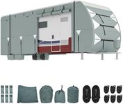 DWVO 24-27FT Travel Trailer Cover RV Cover Camper Cover Super Thick Waterproof Windproof Anti-UV Rip-Stop Motorhome Covers with 2 Long Straps 4 Tire Covers Tongue Jack Cover