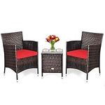 DORTALA 3 Piece Patio Furniture Set, Outdoor Rattan Conversation Set with Coffee Table, Chairs & Thick Cushions, Patio Sectional Sofa Set, Wicker Bistro Set for Patio Garden Lawn Backyard Pool, Red