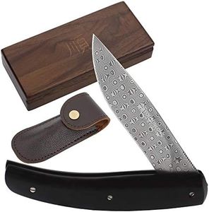 YOUSUNLONG Folding Pocket Knives - Overall 186mm - Japanese Damascus Steel Blade - Natural Leadwood Handle with Leather sheath and natural walnut wooden Knife Box