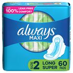 Always, Maxi Pads For Women, Size 2, Long Super Absorbency With Wings, 60 Count