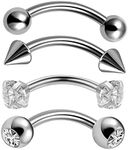 4pcs 16G G23 Implant Grade Titanium Curved Eyebrow Barbell Internally Threaded 3mm Prong Set CZ/Ball/Bezel CZ/Conical Ends Tragus Helix Ear Belly Lip Nipple Tongue Ring Body Piercing Jewelry 6-14mm, Titanium, no gemstone