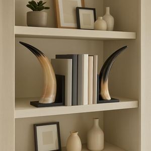 Stylish Resin Horn Bookends for Bookshelf Decor - Decorative Bookends for Book Accessories or Shelf Accent - Modern Sculptural Office Desk Decor, Home Library, or Entryway Table - Set of 2, 14", Black
