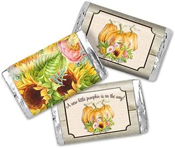 Amanda Creation Watercolor Sunflower & Peony Floral Pumpkin Fall Baby Sprinkle Baby Shower Mini Chocolate Candy Bar Sticker Wrappers, 45 1.4" x 2.6" Wrap Around Labels, Great for Party Favors