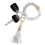 WLLHYF Silicone Keychain Bracelets, Beaded Wristlet Bangle Card Pocket Wallet Key Ring Car Key Bangle Chains with Leather Tassel for Women and Girls Valentine's Day Gift (White)