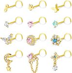 JOERICA 12Pcs 20G Dangle Nose Rings Nose Studs L Shaped Corkscrew Dangle Nose Rings for Women Men Stainless Steel Nose Piercing Jewelry CZ Heart Moon Butterfly Nose Rings Studs Gold, Silver Tone,