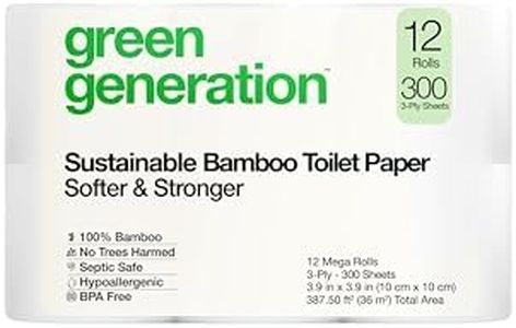 Green Generation Bamboo Toilet Paper, Septic Safe, Long Lasting, Soft, FSC Certified, Sustainable, Organic, No Harmful Chemicals, 3-Ply, 12 Rolls, 300 Sheets/Roll