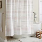 TOWN & COUNTRY EVERYDAY Solana Textured Woven Stripe Cotton-Rich Breathable Fabric Shower Curtain with Anti-Rust Grommets, White/Grey/Blush, 70"x72"
