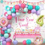 116 PCs Four Ever Sweet Birthday Decorations for Girl, Fiesec Donut 4th Birthday Party Decorations Backdrop Balloon Garland Arch Banner Tablecloth Cake Cupcake Topper Patel Colorful