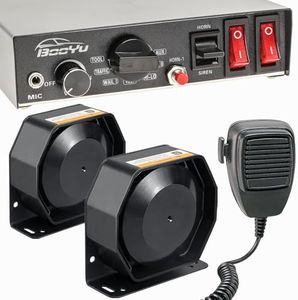 BooYu 12V 400W Emergency Siren PA System for Tow Trucks, Construction Vehicles, 9 Tone Slim Speaker Horn Alarm [Handheld Microphone][2 x 10A Switches]