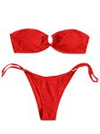 MakeMeChic Women's 2 Piece Bandeau Swimsuit Floral Cut Out Bikini Set Strapless Bathing Suits, U-ring Red, Small