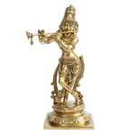 Kartique Brass Krishna Bhagwan Idol Murli Kishan Murti Standing Playing Flute on Round Base Gift for Home Mandir Decor Marriage Height 10 Inch Gold Color