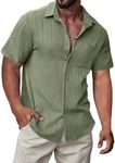 JMIERR Men's Short Sleeve Cotton Textured T-Shirts Button Up Shirts Spring Casual Hawaiian Shirts Business Dress Shirts Beach Shirt Old Money Clothes for Men B Green Large