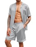 Ekouaer Mens Satin Pajamas Set Button-Down Short Sleeve Shirt Top Soft Silk Sleepwear Loose Pocket Pant Loungewear, Light Grey, Small
