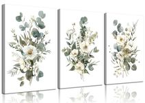 3Pcs Watercolor Botanical Canvas Wall Art Sage Green Boho Floral Wall Decor Pictures Wildflower Posters Prints for Living Room Bedroom Bathroom Home Decoration, 12x16in