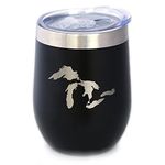 Great Lakes Map Wine Tumbler with Sliding Lid - Stemless Stainless Steel Insulated Cup - Cute Outdoor Camping Mug - Black