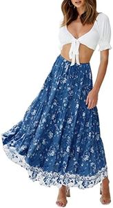 MEROKEETY Women's Boho Floral Print Elastic High Waist Pleated A Line Maxi Skirt with Pockets, DarkBlue, Medium