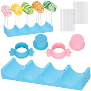 FunisFun Silicone Cake Pop Stand, 15 Holes Lollipop Display Stand Mold with 2PCS Cutter & Pusher, 30PCS Sticks, Suitable for Party Wedding Birthday Baking Decorating Supplies (Blue&Pink)