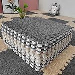 12-Piece Thickened Plush Interlocking Floor Mat 0.6" Thick- Fluffy Square Tiles with 12 Edgings Soft Anti-Slip Puzzle Area Rug Playmat for Room (11.8", Gray & Light Brown)