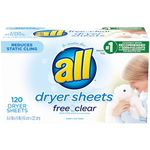 all Fabric Softener Dryer Sheets for Sensitive Skin, Free Clear, 120 Count