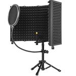 AKOZLIN Microphone Isolation Shield with Tripod Stand & Pop Filter Foldable 5-Panel High Density Absorbent Foam to Filter Vocal for Studio, Podcasts and Broadcasting