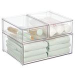 mDesign Plastic Stackable Bathroom Storage Organizer Bin Containers with Front Pull Drawer for Bathroom Countertop, Vanity, Closet Shelves - Holder for Accessories, Lumiere Collection, Set of 3, Clear