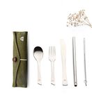 Rusabl Stainless Steel Cutlery Set (Pack of 5), Reusable Travel for Daily Use, Gifting and Traveling, Spoon and Fork Set (Spoon, Fork, Steel Straw, Cleaner, Napkin and Jute Pouch (Green)