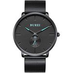 BUREI Men's Fashion Minimalist Wrist Quartz Watches with Stainless Steel Black Dial and Mesh Band