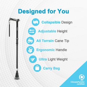 Rehand All Terrain Folding Walking Stick – Adjustable, Pivot Tip, Black