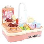 Kids Play Kitchen Sink Toys with Steam and Running Water, Pretend Playset Toys for Boys Girls Toddlers, Cooking Washing Dishwasher Toy with Automatic Water Cycle System