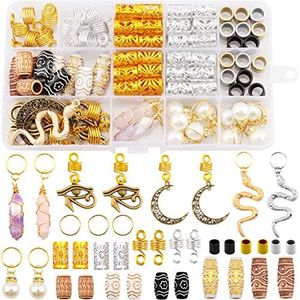 Messen 121Pcs Dreadlocks Jewelry Crystal Wire Wrapped Loc Adornment Imitation Wood Beads Braid Accessories Hair Cuffs Beard Tube Beads Pearl Pendants for Braids Hair Clip Decoration