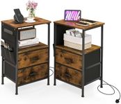 CASART Industrial Bedside Table Set of 1/2, Metal Frame Nightstand End Table with Charging Station, 2 Drawers & 6 Side Pockets, Accent Side Tea Table for Living Room Bedroom Office (2)