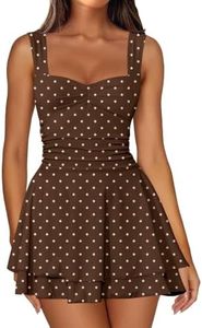 IWD Women's Short Summer Polka Dots Going Out Dresses Sleeveless Corset Waist Tiered Ruffle Hem A Line Elegant Dress Brown Medium