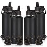 Volhoply 32oz Insulated Water Bottles Bulk 4 Pack with Straw Lid & Spout Lid,Stainless Steel Sports Water Bottle,Double Wall Vacuum Thermos,Leakproof Wide Mouth Metal Flask for Hiking,Camping(Black,4)