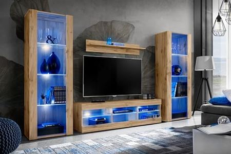 Komodee, Juego de Muebles Tivoli Grande, Wotan Wotan, Ancho 290 cm x Alto 159 cm x Fondo 35 cm, LED Azul, para Sala, Dormitorio