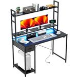 WASAGUN Small Desk with Reversible Monitor Stand & Hutch,Computer with Storage Shelves,Gaming Desk with LED Lights & Power Outlets,Home Office Coner Desk,Black