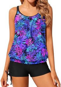 Yonique Womens Blouson Tankini Swimsuits Two Piece Strappy Bathing Suit Tops with Shorts Criss Cross Swimwear, Blue Purple Leaves, Medium