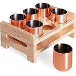 Oak & Steel - 6 Copper Rose Gold Stainless Shot Cups Mini Shatterproof Shot Glass Keep Drink Cool, 50ml with Premium Wooden Tray Holder