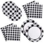 Aneco 98 Pcs Black and White Checkered Paper Plates Set Buffalo Plaid Disposable Plates and Paper Napkins Race Sports Themed Dessert Plates for 24 Guests Race Car Party Birthday Favors