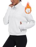 MoFiz Women's Fleece Lined Half Zip Pullover Cropped Sweatshirt Long Sleeve Zip Up Hoodies Workout Sweaters Fall Winter Gym Tops White XL