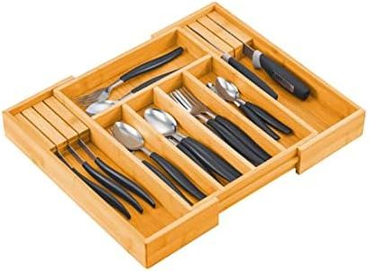 CARLA HOME Bamboo Expandable Drawer Organizer with Knife Block Holder for Home Kitchen Utensils, Large Capacity, Adjustable Cutlery Tray, Tableware Storage Box Utensil Tray, Drawer Organizer