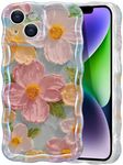 EYZUTAK Case for iPhone 13, Colorful Retro Oil Painting Printed Flower Laser Beam Glossy Pattern Cute Curly Waves Border Exquisite Phone Cover Stylish Durable TPU Protective Case for Girls Women-Green