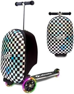 Lascoota Scooter Suitcase, Foldable Scooter Luggage For Kids - Lightweight Kids Ride on Luggage Scooter with Wheels, LED Lights - Checkered Graphic Suitcase Scooter, Ride On Suitcase for Kids Ages 2-5