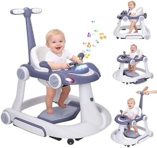 Baby Walker, 4-in-1 Baby Walker with Wheels Portable, Foldable Infant Toddler Walker for Boys Girls 6-18 Month,Removable Footrest,Car Steering Wheel & Music, Adjustable Push Walker Pink,Dark Blue