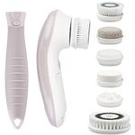 Fancii 7 in 1 Waterproof Electric Facial & Body Cleansing Brush Kit with Handle and 6 Brush Heads - Best Advanced Face Spa Scrub System (Dove)