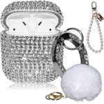 4in1 Bling AirPod Case Diamonds Cover Set Kit, Luxurious Rhinestone PC AirPods 2/1 Case Accessories for Women Girl w/Cute Fur Ball Pompom Keychain/Crystal Bracelet/Lobster Clasp Keychain