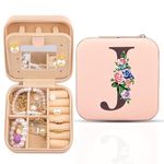 Meschett Travel Jewelry Box with Mirror, Travel Essentials Jewelry Holder Organizer, Ring Necklace Earring Organizer, Personalized Initial Travel Jewelry Case, Gifts for Women and Girls,J