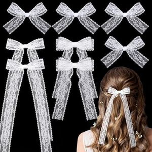 KIKOOD 8pcs White Lace Hair Bows Clips Kits for Women Cute Hair Bow Alligator Hair Barrette with Long Tail Ribbon for Wedding Prom Party Bachelorette Party Bridal Shower Gift