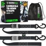 Rhino USA Motorcycle Tie Down Straps (2 Pack) Lab Tested 2,200lb Break Strength, Steel Cambuckle Tiedown Set with Integrated Soft Loops - Better Than a Ratchet Strap (Black 2-Pack)