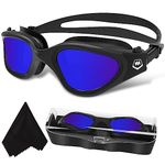 Polarized Swimming Goggles,Anti Fog Anti UV No Leakage Clear Vision Easy to Adjust,with Soft Nose Bridge for Men Women Adults Teenagers (All Black/Blue Polarized Mirrored Lens)